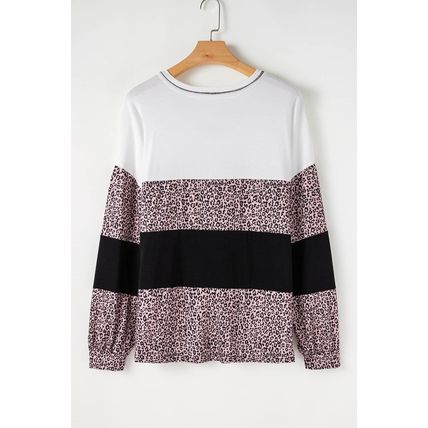 Black Leopard Print Colorblock V Neck Long Sleeve Plus Size Top