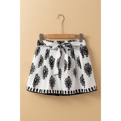 Black Tribal Geometric Print Belted High Waist Casual Shorts