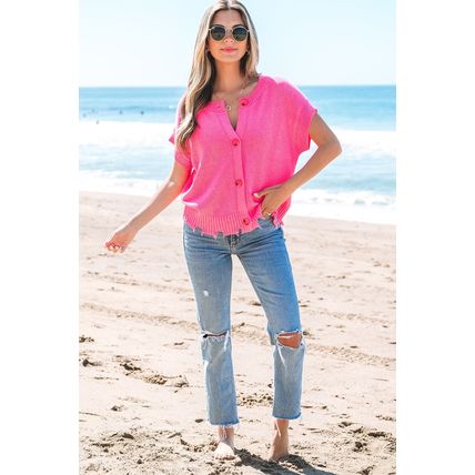 Bright Pink Distressed Hem Short Sleeve Knitted Button Front Sweater