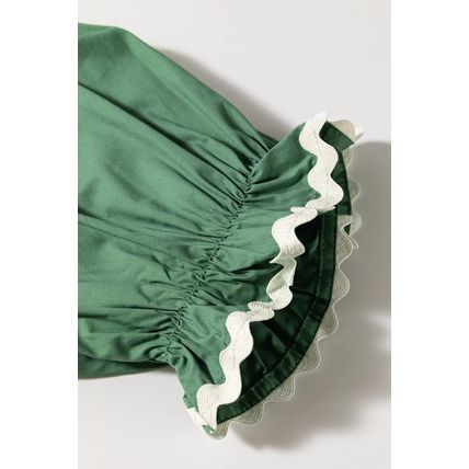 Mist Green Ric Rac Trim Tie Split Neck Short Sleeve Blouse