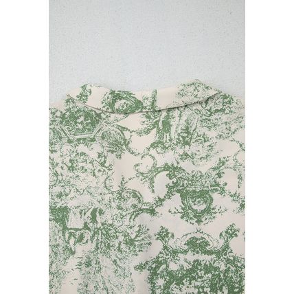 Green Landscape Print Tied 3/4 Sleeve Shirt with Sash
