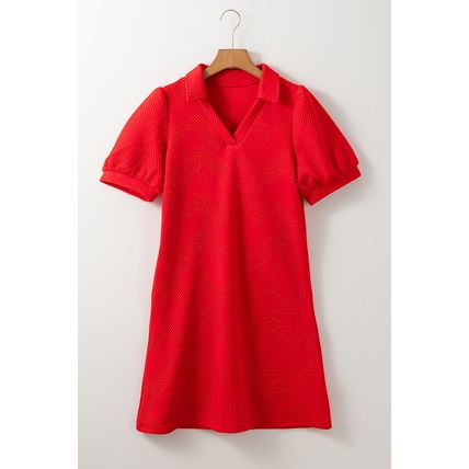 Fiery Red Textured Collared V Neck Puff Short Sleeve Shift Mini Dress