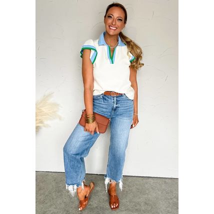 White Color Contrast Ruffled Sleeve Collared V Neck Blouse