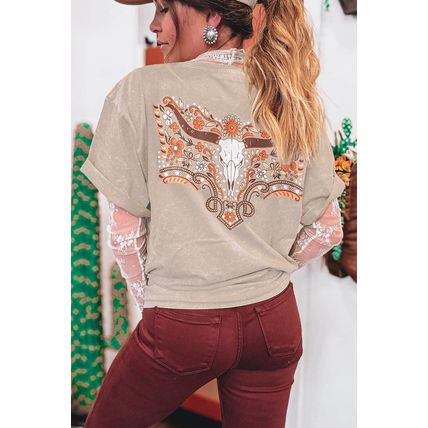 Smoke Gray Mineral Wash Floral Steer Head Printed Back Western Fashion Tee