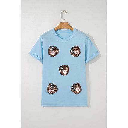 Light Blue Gopher Ball Sequin Patched Casual T Shirt