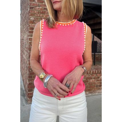 Bright Pink Contrast Trim Pearl Detail Sweater Tank Top