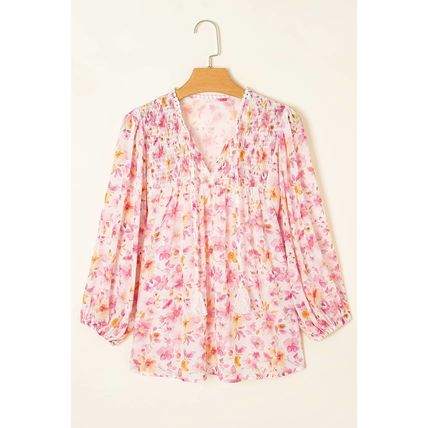 Pink Floral Print Tassel Tie Smocked V Neck Puff Sleeve Tunic Blouse