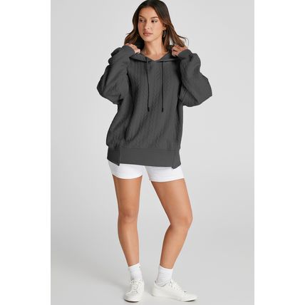 Gray Cable Textured Baggy Solid Hoodie