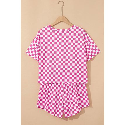 Pink Checkerboard T Shirt and High Waist Skorts 2 Piece Outfit