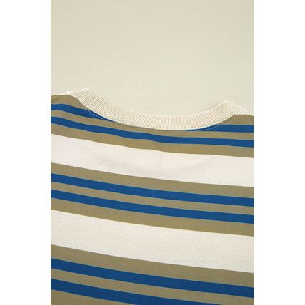 Khaki Stripe Crew Neck Drop Shoulder Pullover Sweatshirt