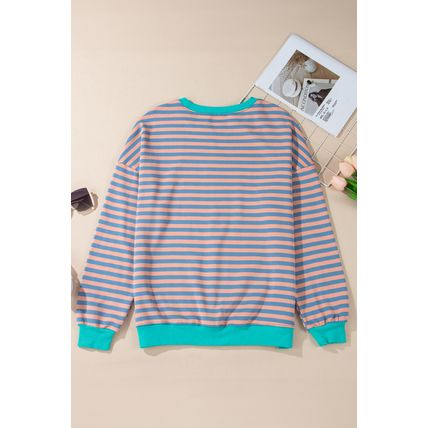 Racing Red Striped Contrast Ribbed Trim Crossed Stitch Drop Shoulder Sweatshirt