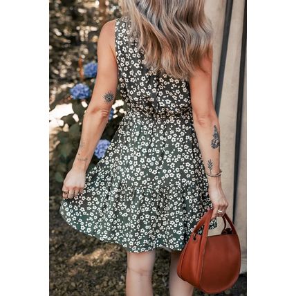 Green Boho Floral Print V Neck Tunic Sleeveless Dress