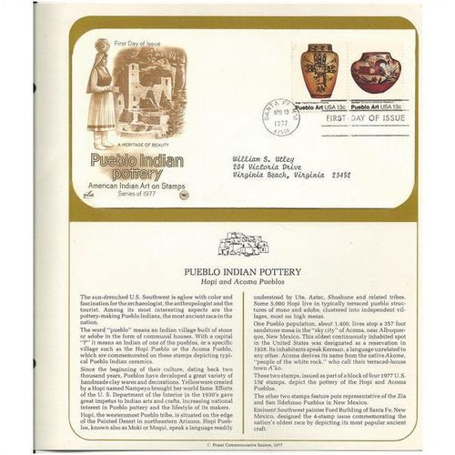 PUEBLO INDIAN POTTERY : Hopi / Acoma ' OFFICIAL FIRST DAY of ISSUE ' (1977)