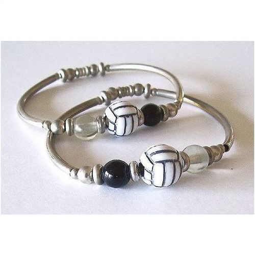 Bracelets set of 2 soccer expandable silver metal & beads 7 inch fashion jewelry