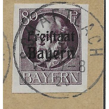 GER (BAVARIA) 1919 80pf KING LUDWIG III' (FREISTAAT)(IMPERFED) USED(EBID65-508)