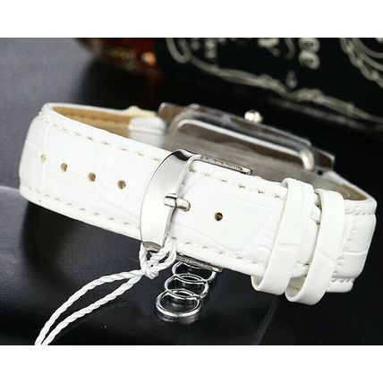 Gents Ladies Square Tank Face Quality White Calfskin Genuine Leather Strap Watch