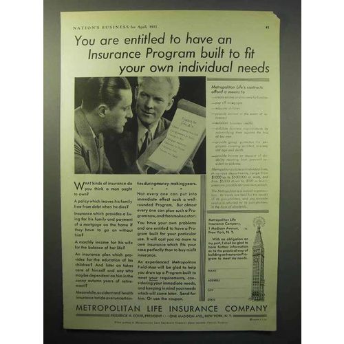 1933 Metropolitan Life Insurance Ad - Individual Needs
