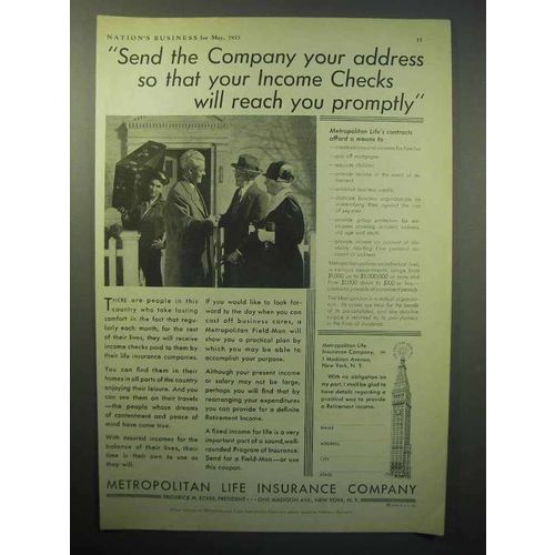 1933 Metropolitan Life Insurance Ad - Income Checks