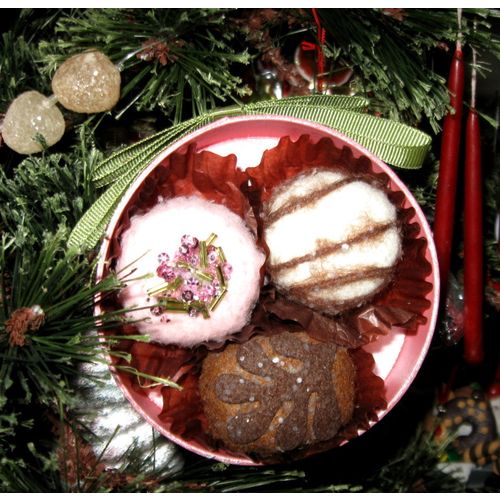 Pink Candy Box With Three Decorated Fabric Pieces & Green Ribbon Accent Ornament