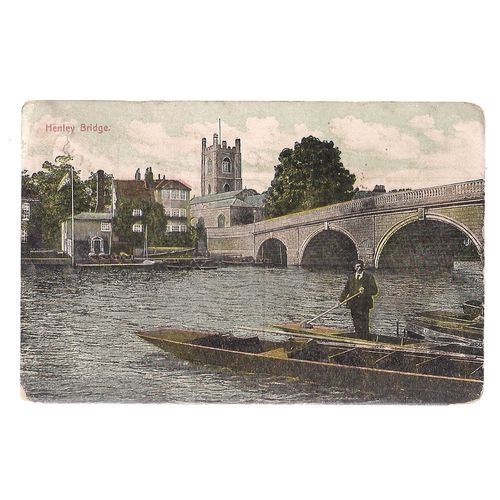 HENLEY BRIDGE, HENLEY-ON-THAMES used antique postcard 1908 postmark =