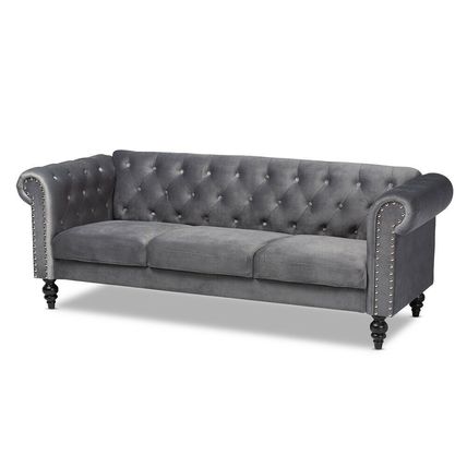 Velvet Chesterfield Trans Sofa Button Tuft Silver NailHead Spindle Leg Gray Blue