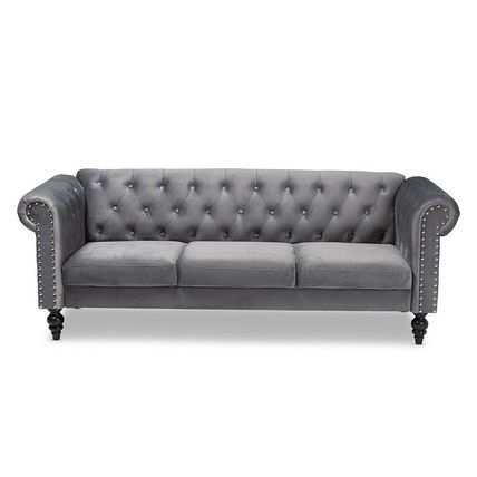 Velvet Chesterfield Trans Sofa Button Tuft Silver NailHead Spindle Leg Gray Blue