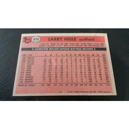 1981 Topps Card # 215 Larry Hisle Very Good-Excellent (4) Milwaukee Brewers
