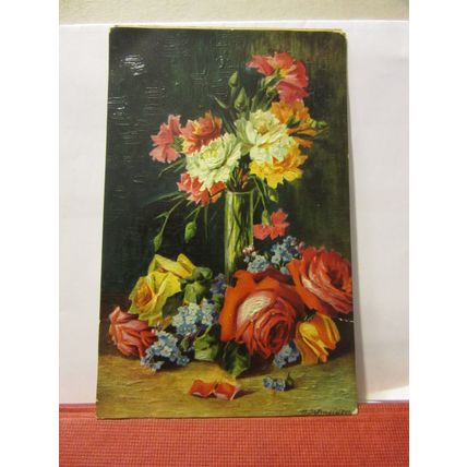 ROSES AND CARNATIONS, FLOWER ARRANGEMENT antique used postcard 1922 pm =