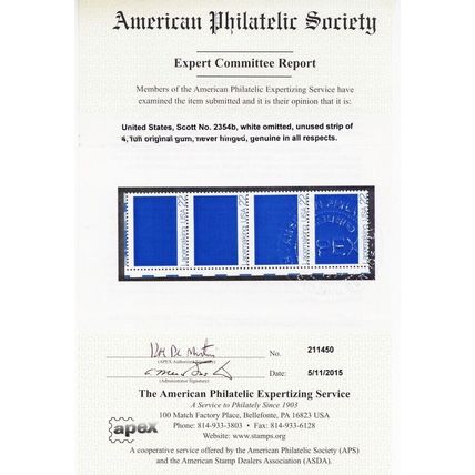 2354b, MNH VF 22¢ White Color Omitted Error With Normal APS Cert * Stuart Katz