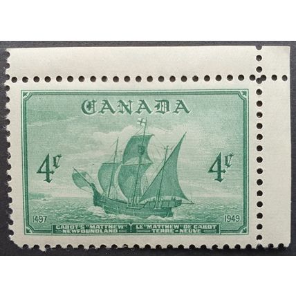 Canada: 1948 4c green Cabot's Ship SG412 MH with corner selvedge