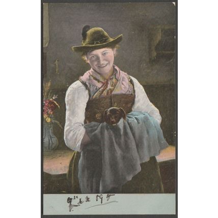 A Bavarian Woman with a Puppy, 1905 - Hildesheimer Postcard
