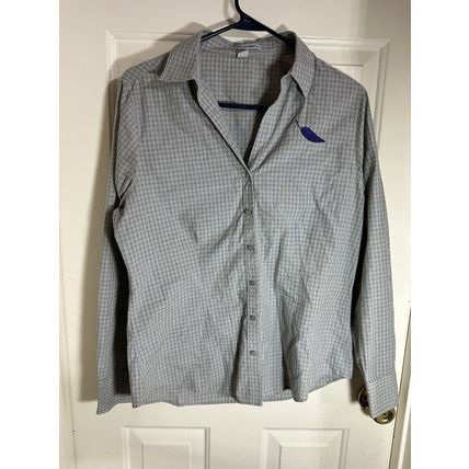 WOMENS Port Authority Long Sleeve Plaid Button Up Shirt Grey W/Purple Leaf Sz M