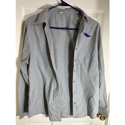 WOMENS Port Authority Long Sleeve Plaid Button Up Shirt Grey W/Purple Leaf Sz M