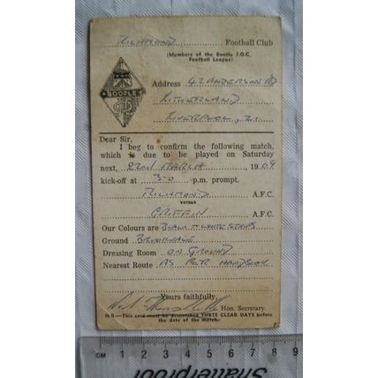 1969 match confirmation card Richmond AFC v. Griffin AFC, Bootle IOC League