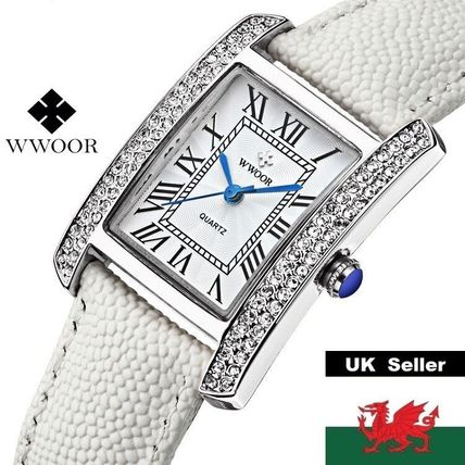 Ladies White Square Face Silver Case White Genuine Leather Strap Watch