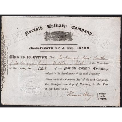 England..Norfolk Estuary Co.. 50 Pound share..Date 1847..