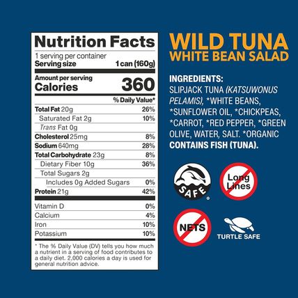 Wild Planet Ready-To-Eat Wild Tuna White Bean Salad with Organic Chickpeas, Carr