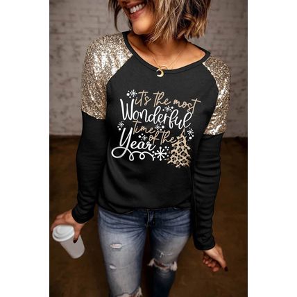 Black Wonderful Christmas Season Graphic Sequin Shoulder Top