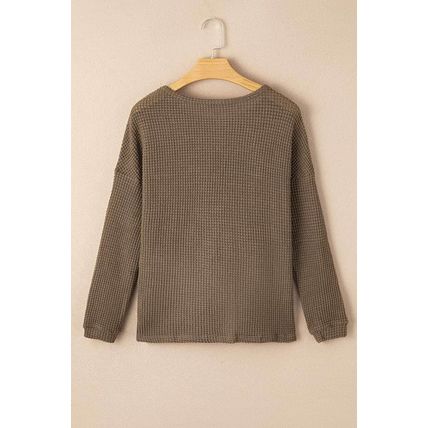 Dark Brown Waffle Knit Drop Shoulder Long Sleeve Top