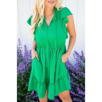 Bright Green Split V Neck Elastic Waist Ruffled Dress