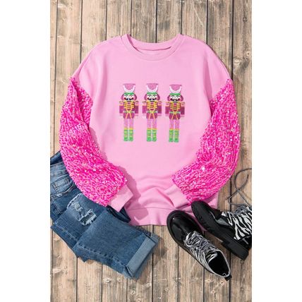 Pink Christmas Nutcracker Graphic Sequin Sleeve Sweatshirt