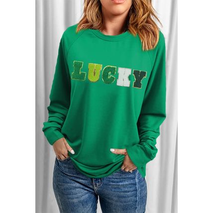 Green St Patricks LUCKY Chenille Embroidered Graphic Sweatshirt