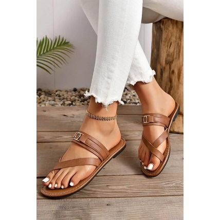 Chestnut Cross Toe Metal Buckle Leathered Flat Slippers