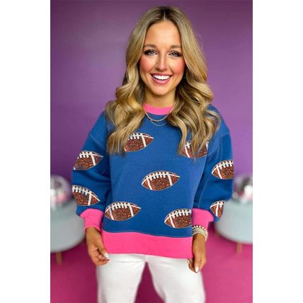 Blue Sequin Rugby Color Block Bubble Sleeve Sweatshirt