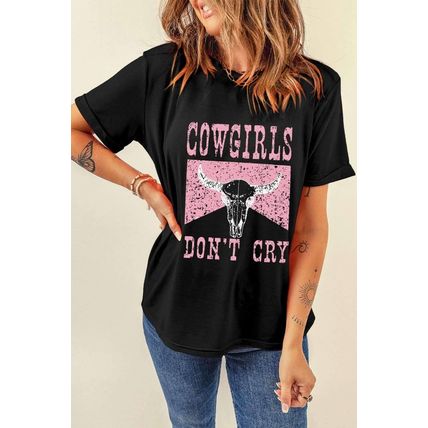 Black COWGIRL DONT CRY Steer Head Print Short Sleeve Top