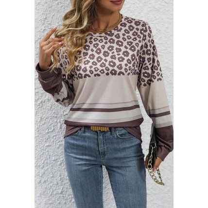 Brown Leopard Color Block Crewneck Long Sleeve Top
