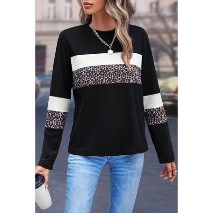 White Leopard Colorblock Patchwork Crew Neck Long Sleeve Tee