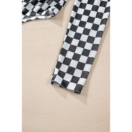 Black Checkered Printed Long Sleeve High Neck Bodysuit