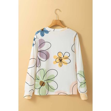 Beige Flower Print Crew Neck Long Sleeve T Shirt