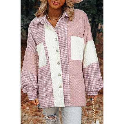 Pink Houndstooth Color Contrast Textured Patchwork Loose Shacket